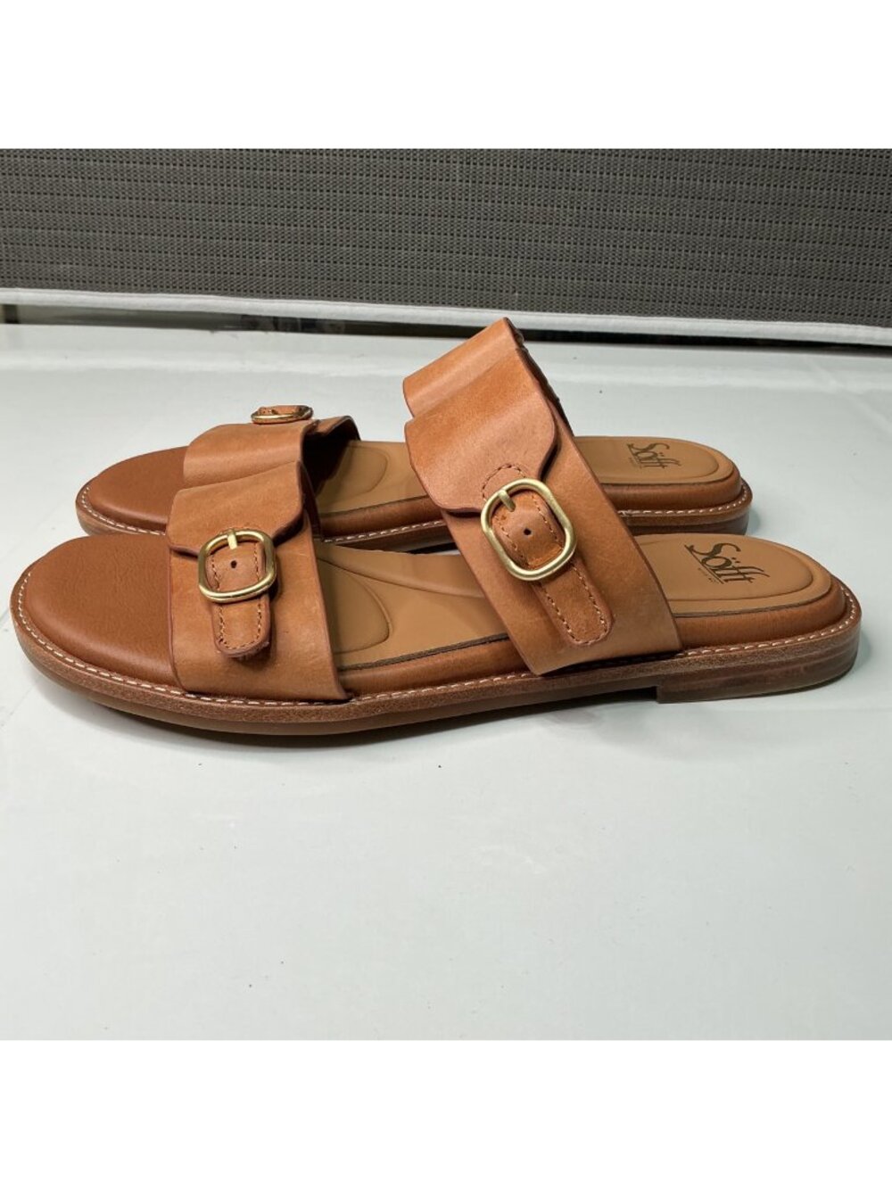 Söfft Brown Leather Double-Strap Slide Sandals Gold Buckles Women's Size 8.5M